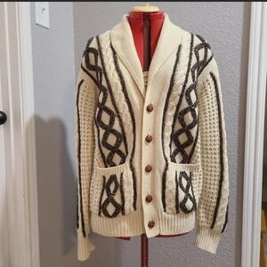 VTG Neil Martin Wool Cream and Brown embroidered cable knit collared cardigan M
